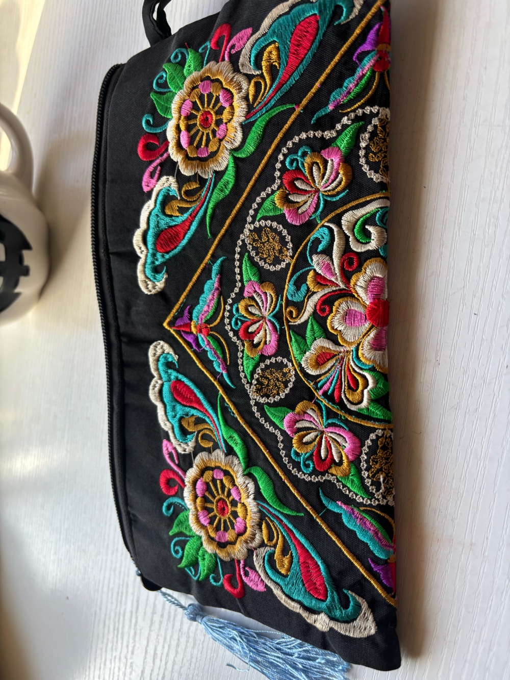 Embroidered Floral Clutch Bag - Black with Multicolor Embroidery